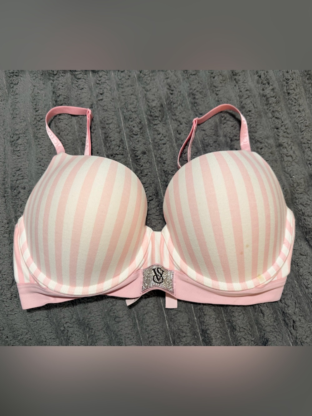 VS Pink & White Striped Push-Up Bra with Rhinestone Accent